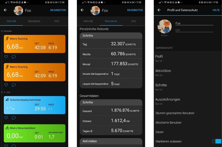 Настройки профиля в приложении Garmin Connect. 